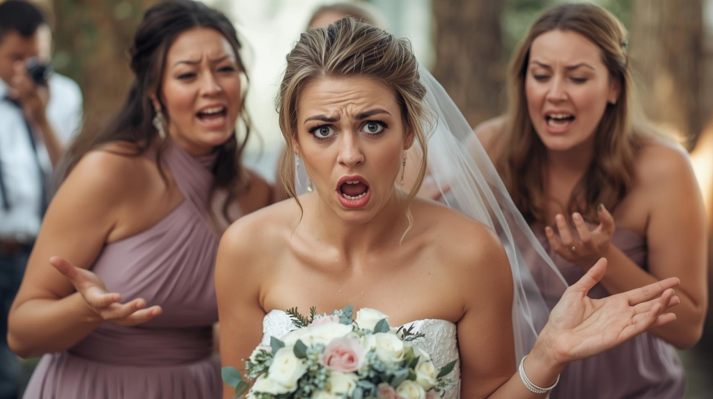 Bride looking shocked with two bridesmaids standing behind giving instructions