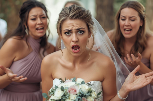 Bride looking shocked with two bridesmaids standing behind giving instructions