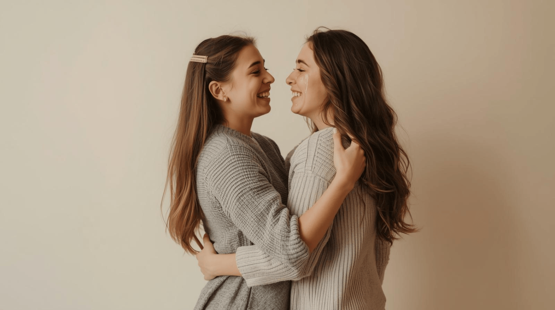 two sisters looking at each other sideways on smiling and hugging